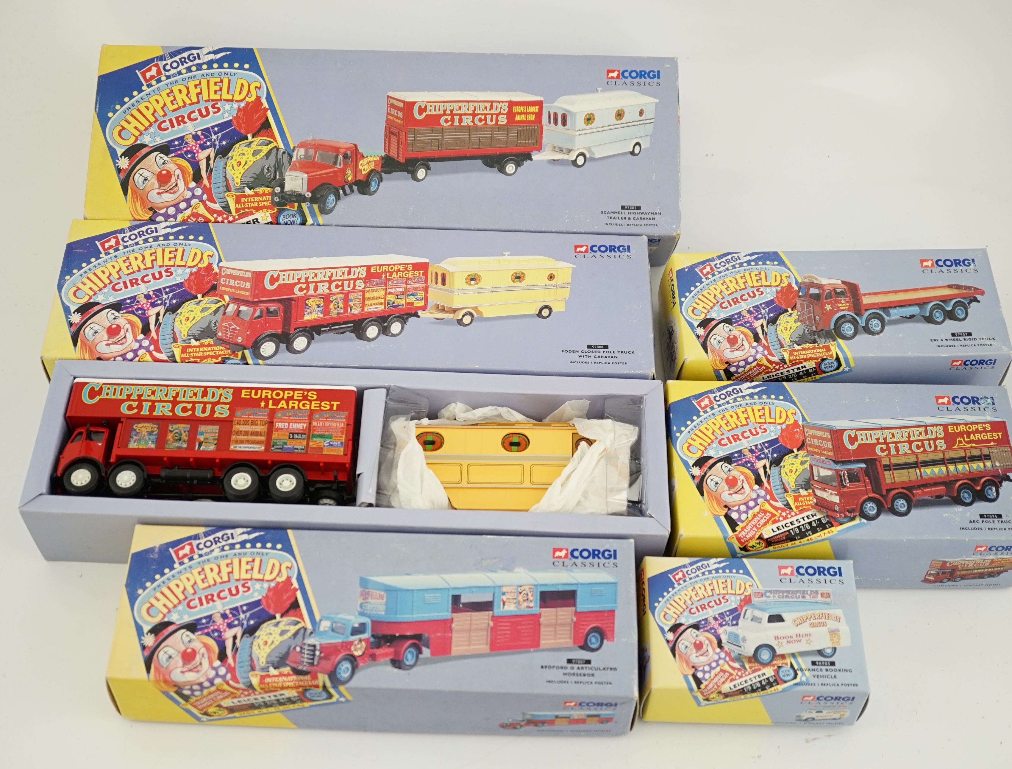 Six boxed Corgi Classics Chipperfields Circus vehicles including; a Scammell Highwayman and trailer, Foden closed pole truck, Bedford horsebox, ERF truck, etc.